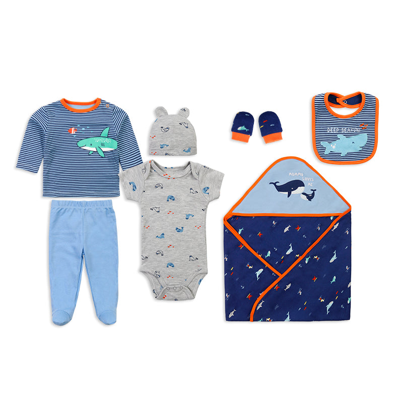 Colorland Newborn Baby Gift 7-pack Set: long T shirt + short bodysuit+pant+bib+hat+booties+hoodie blanket