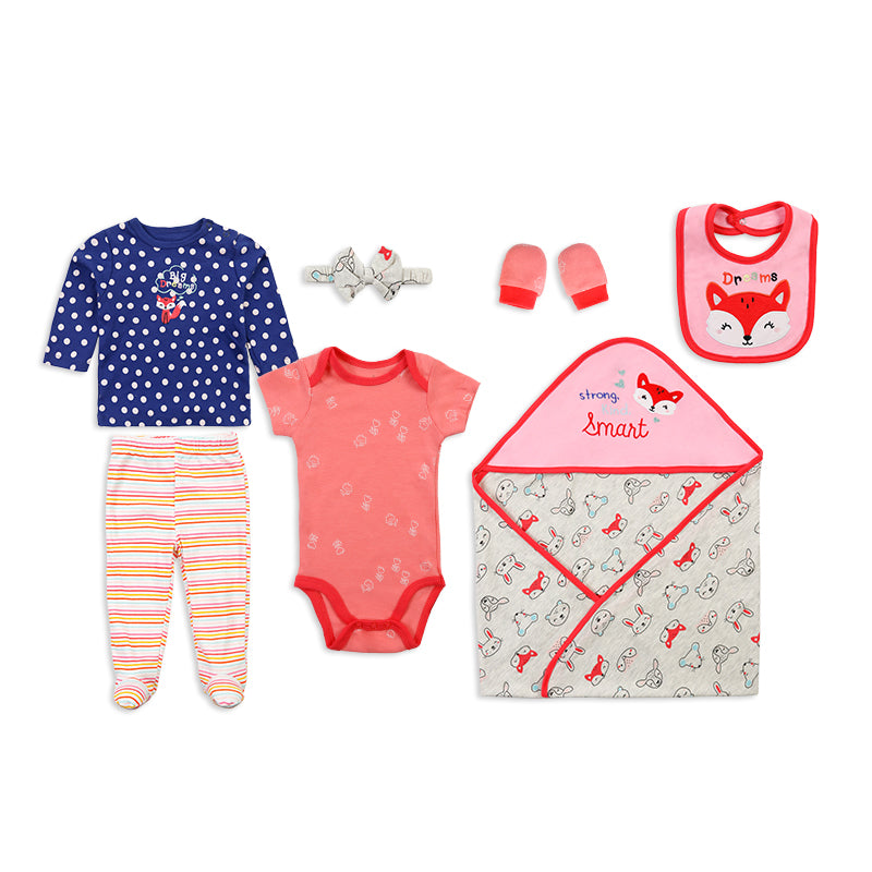 Colorland Newborn Baby Gift 7-pack Set: long T shirt + short bodysuit+pant+bib+hat+booties+hoodie blanket