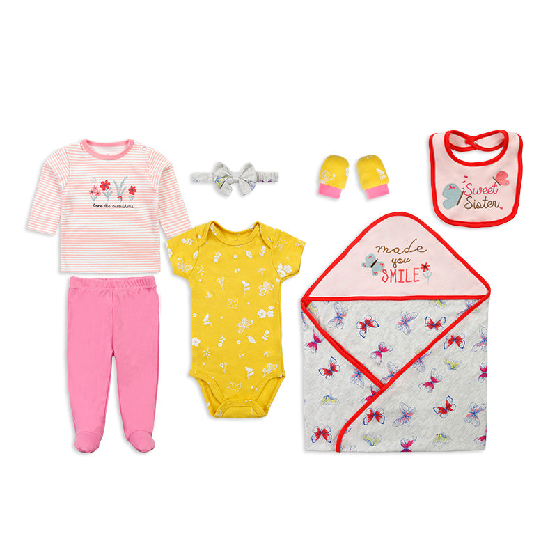 Colorland Newborn Baby Gift 7-pack Set: long T shirt + short bodysuit+pant+bib+hat+booties+hoodie blanket