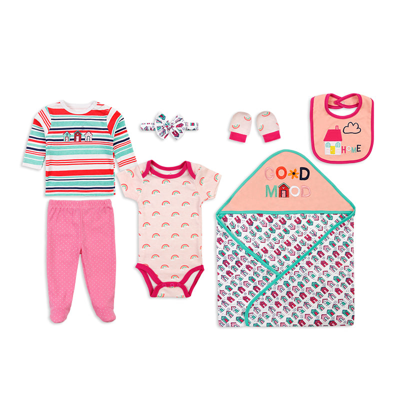 Colorland Newborn Baby Gift 7-pack Set: long T shirt + short bodysuit+pant+bib+hat+booties+hoodie blanket