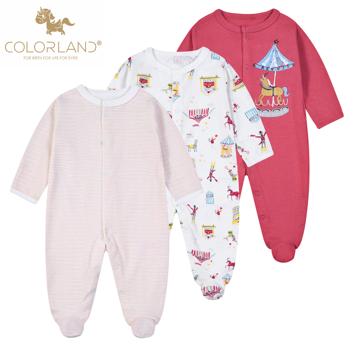 3-pack Colorland Unisex Baby Long Sleeve Sleepsuits Rompers