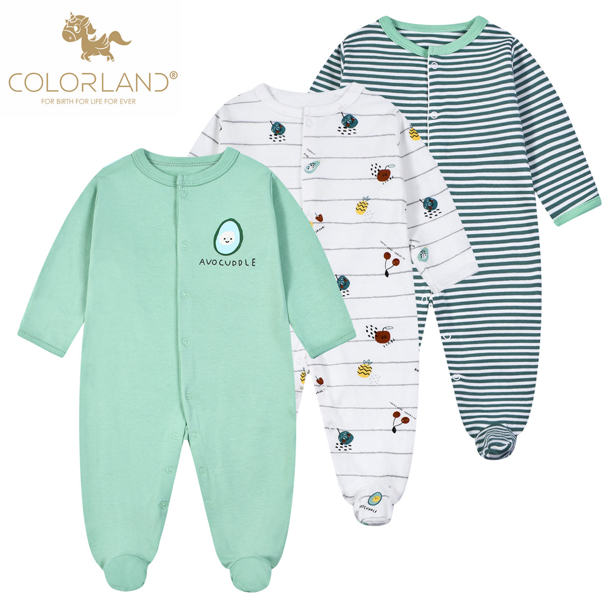 Colorland 3-pack Dylan Boys Long Sleeve Baby Rompers